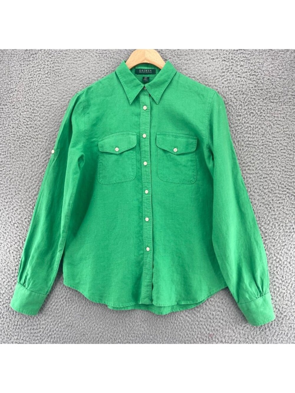 Lauren Ralph Lauren Shirt Womens Small Green Linen Collared Button Up Pockets